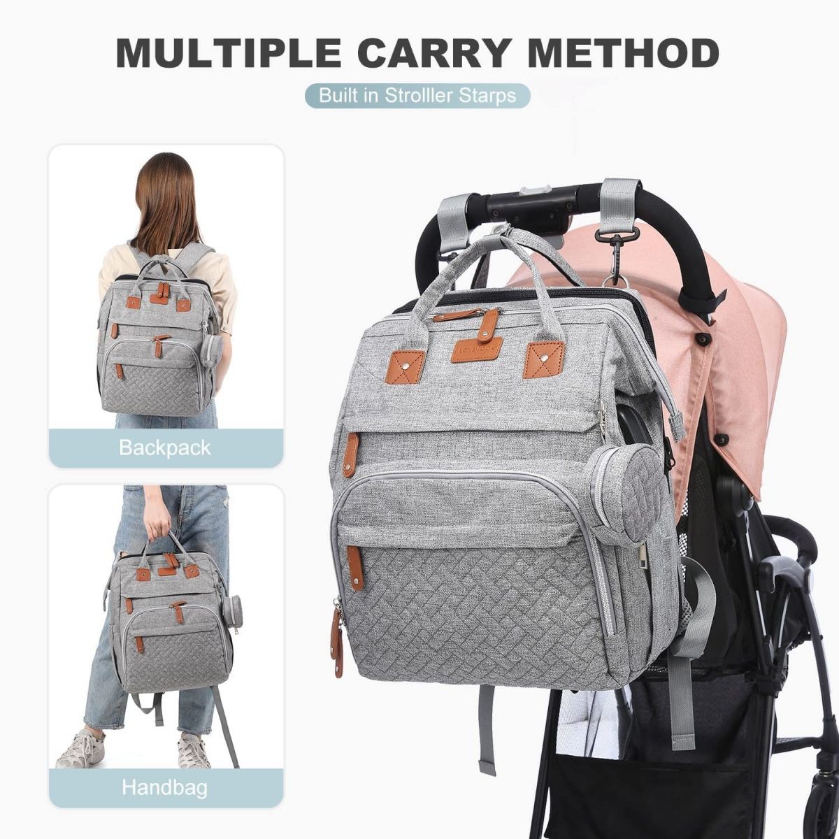 Large capacity diaper bag/backpack, foldable crib, portable for outings.